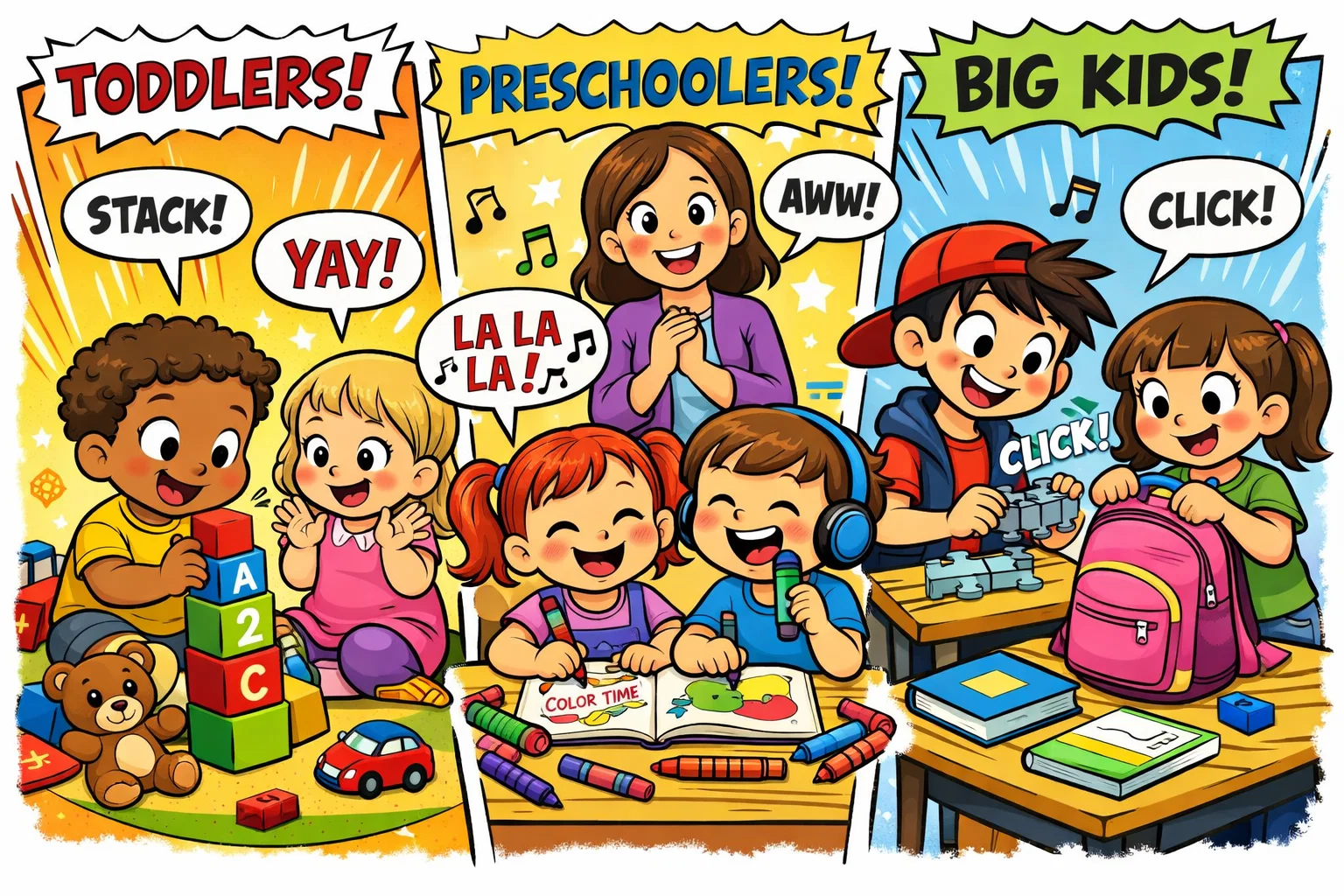 Morning activities by age group for toddlers, preschoolers, and young children.