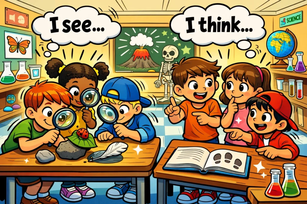 Observation vs inference kids science activities in a classroom setting.