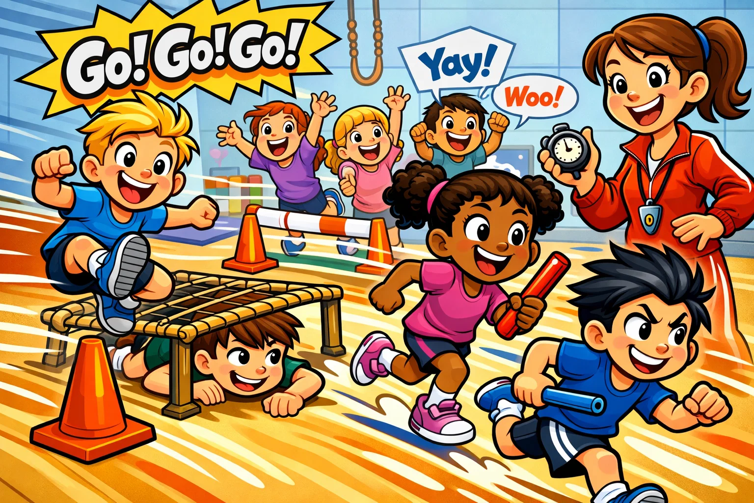 Obstacle and relay PE activities for kids racing through gym challenges.