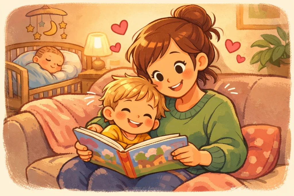 One on one time after baby arrival with parent and toddler bonding together.