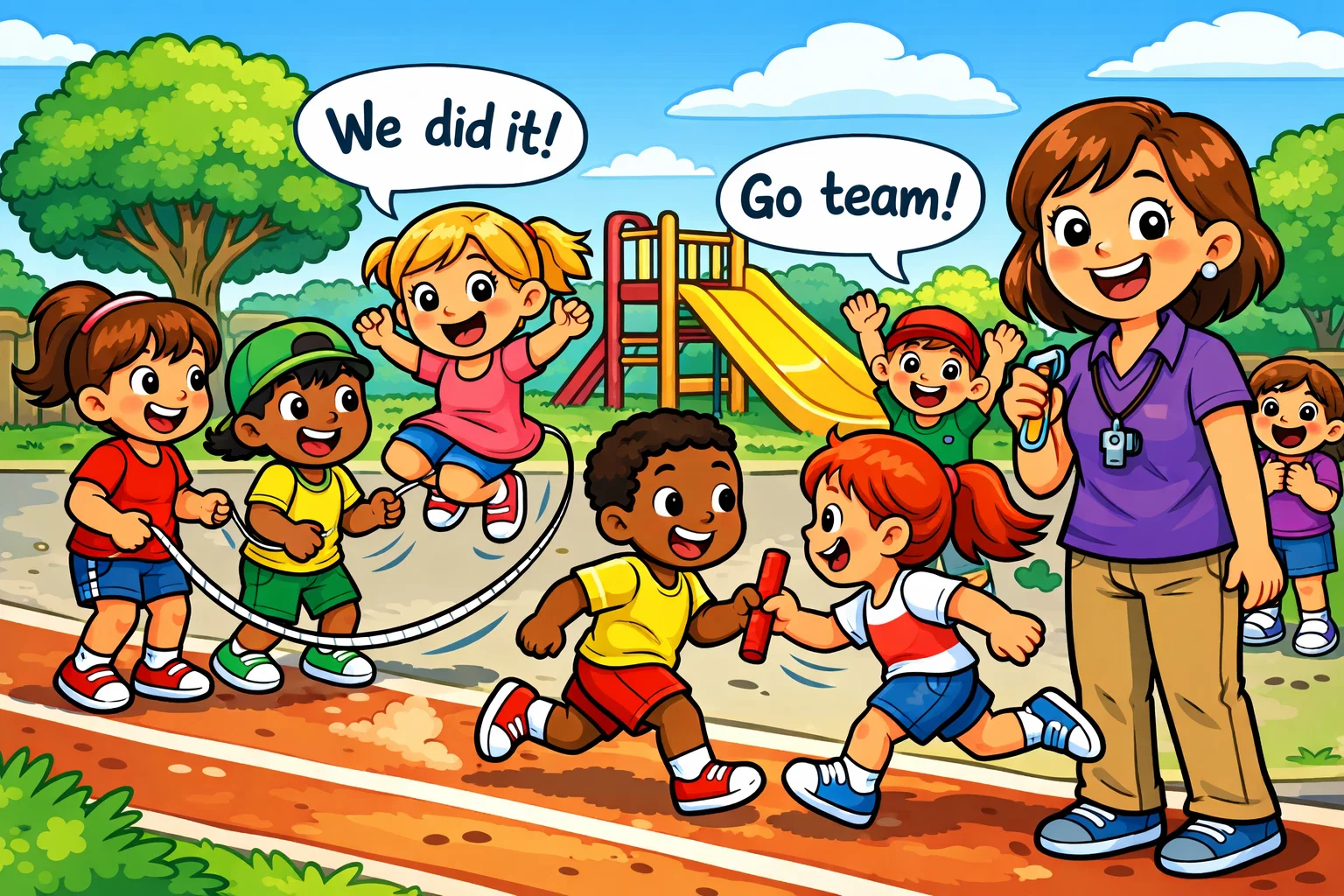 Outdoor group activities for kids playing together and building teamwork outside.