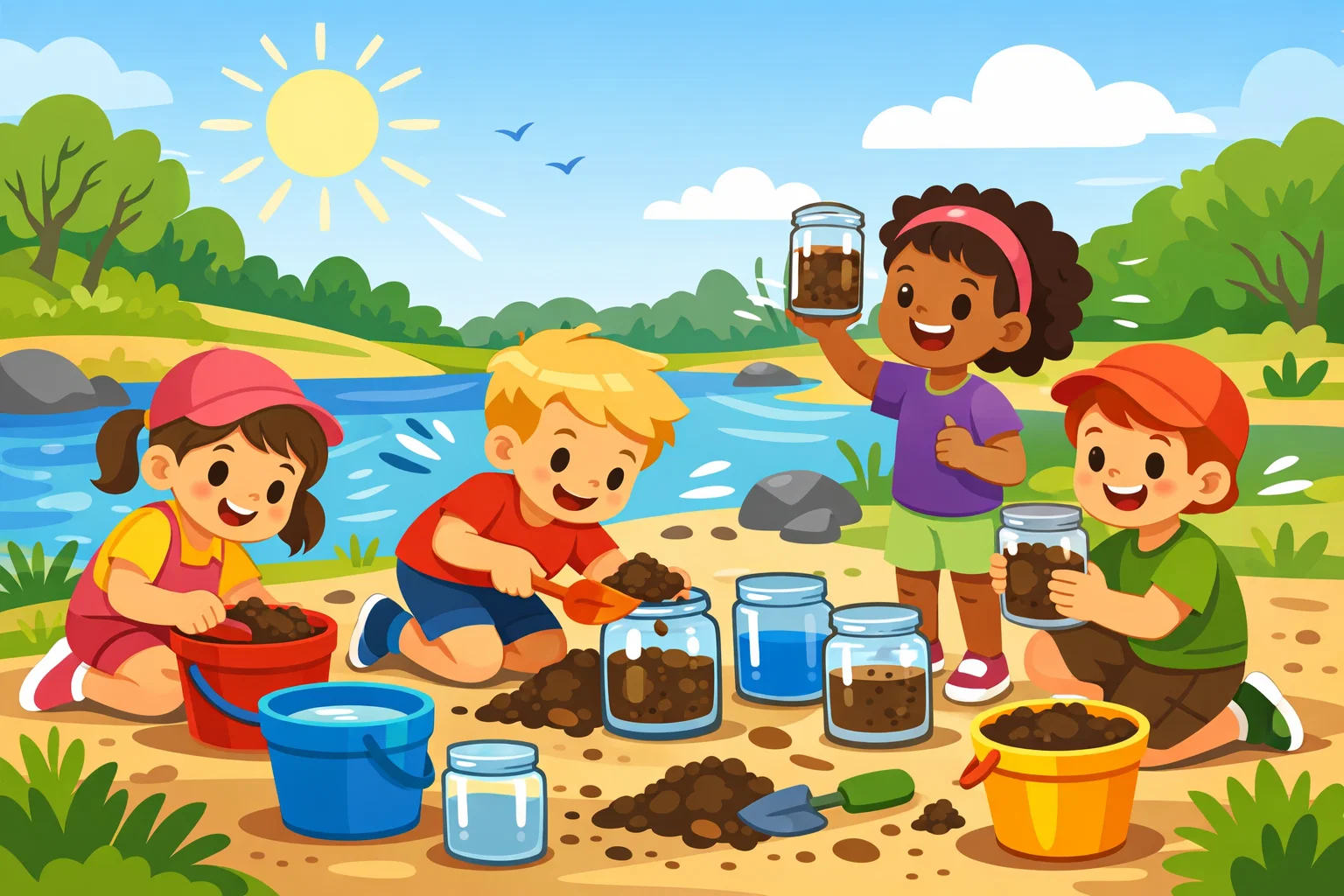 Outdoor sedimentation science activities with kids collecting soil for water experiments. Outdoor sedimentation science activities with kids collecting soil for water experiments.