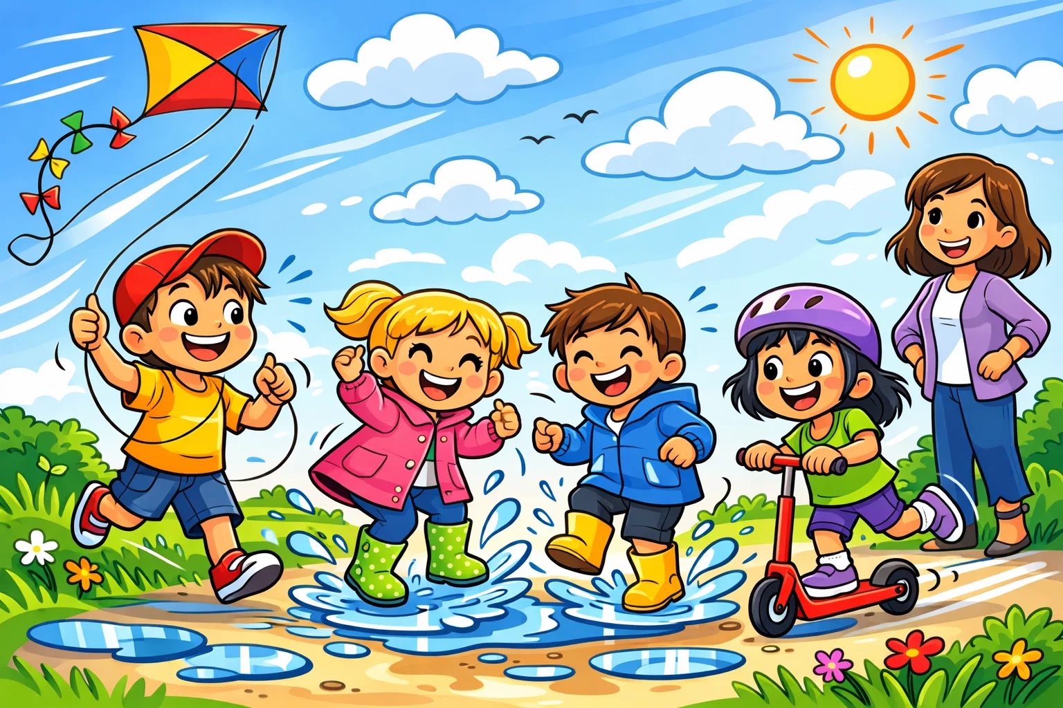 Outdoor spring activities for kids playing outside with kites, scooters, and spring energy.