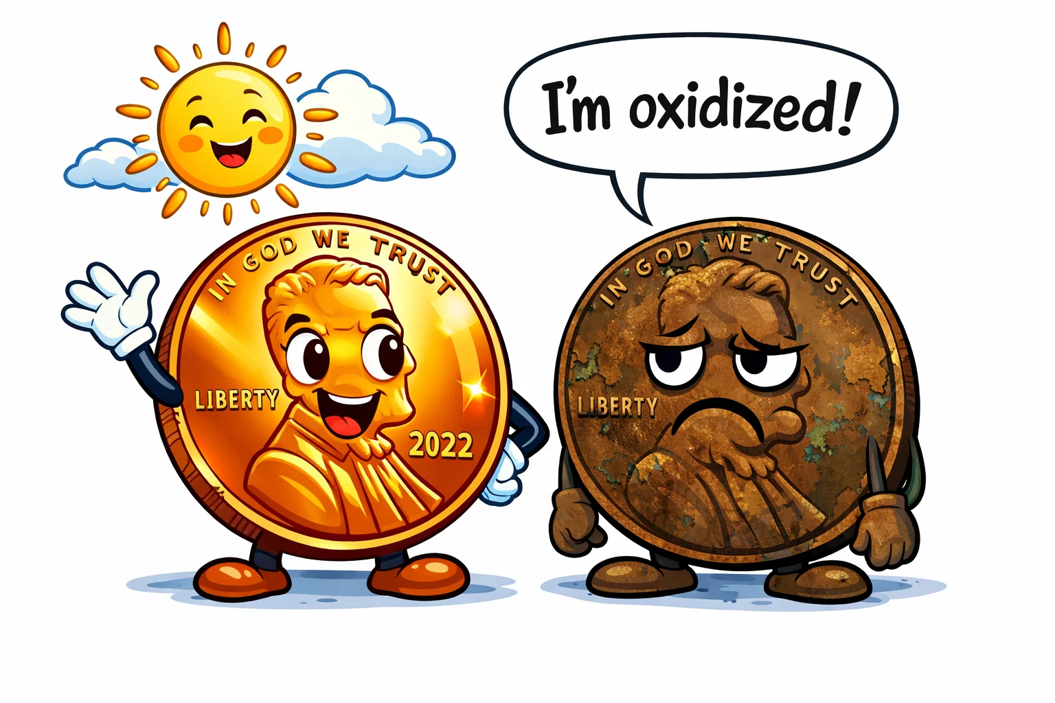 Cartoon of a shiny penny and a grumpy brown penny with a speech bubble about oxidation in comic style.