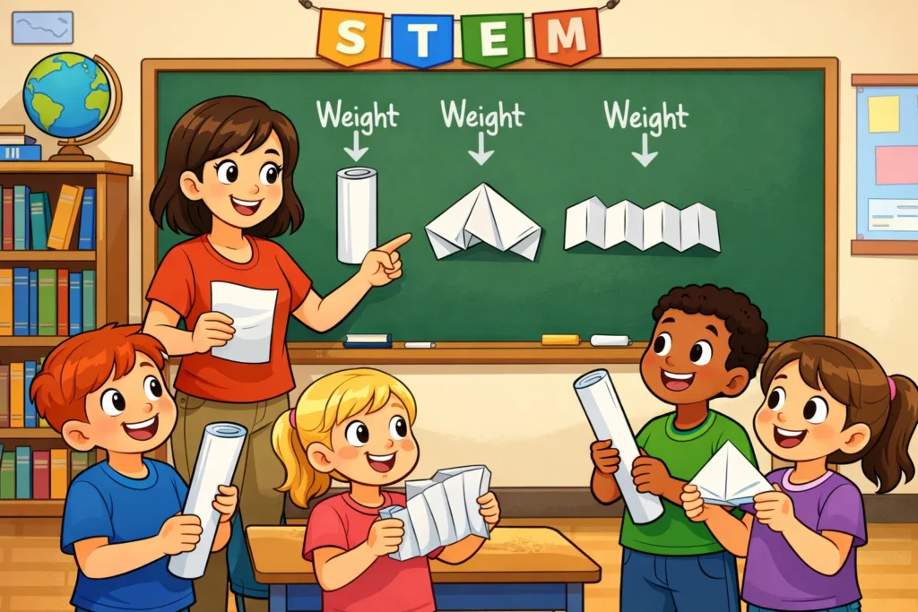 Paper compression challenge activity overview for kids building structures.
