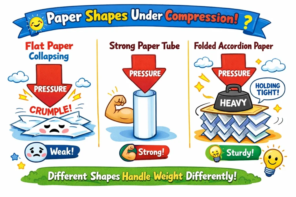 Paper compression engineering concepts explained for kids with shapes.
