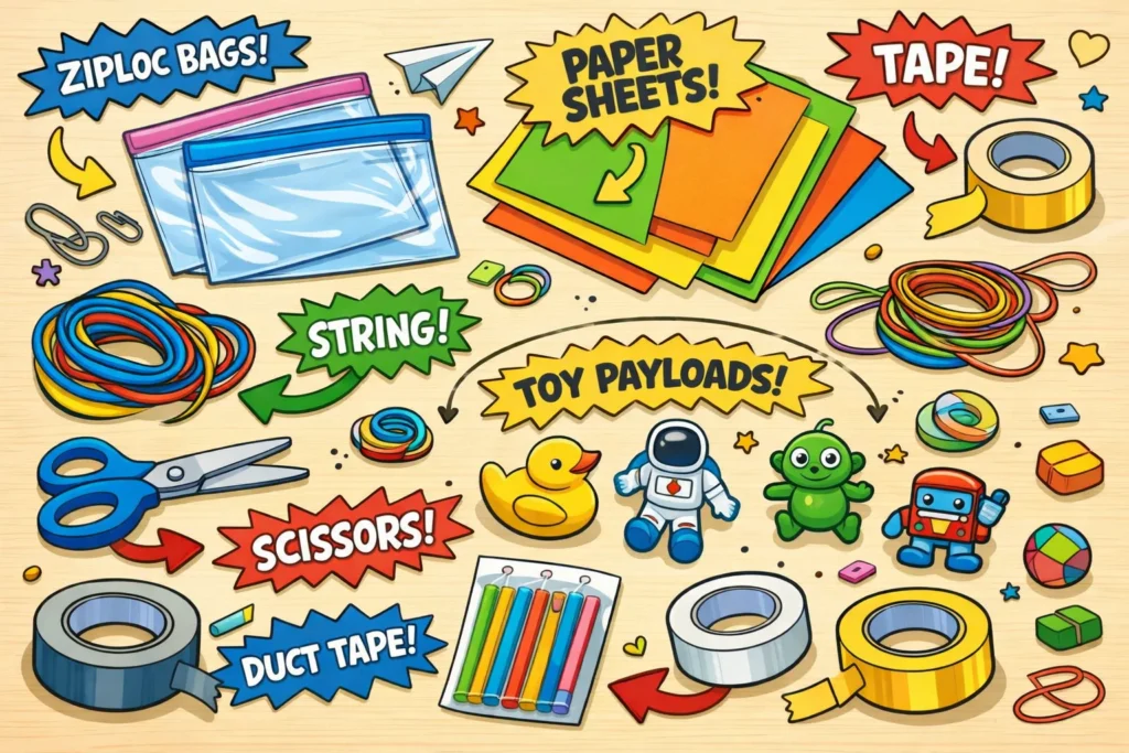 Parachute challenge materials and supplies for kids experiment.
