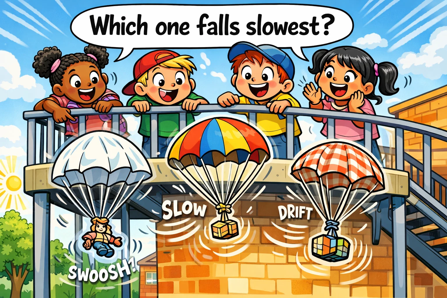 Kids testing parachute design challenge for slowest fall STEM project.