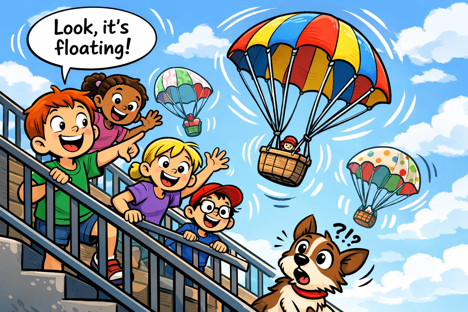 Cartoon kids testing parachutes from a staircase to learn about air resistance and gravity in a playful STEM scene.