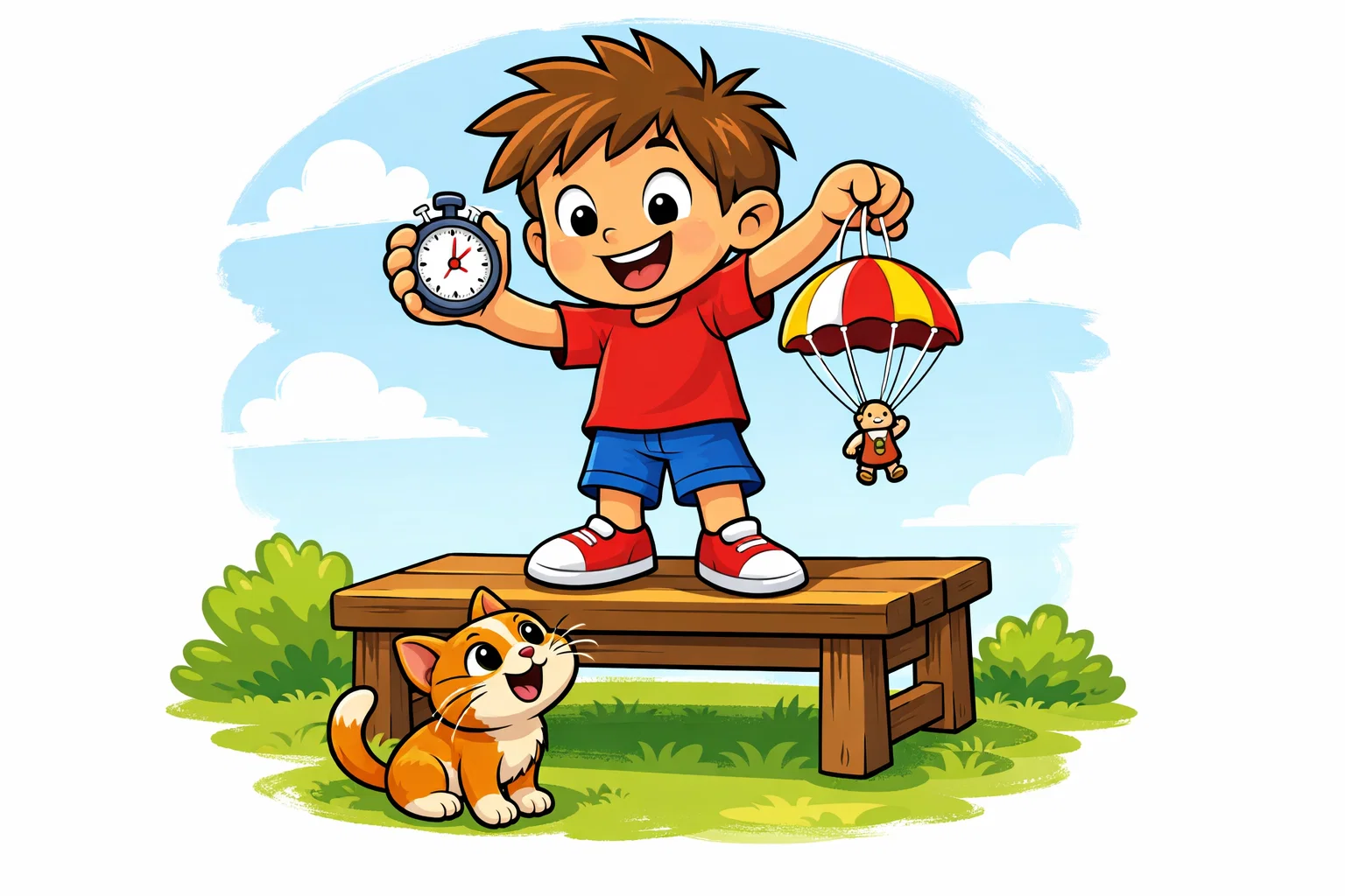 Cartoon of a kid conducting a parachute experiment with a stopwatch and a cat watching.