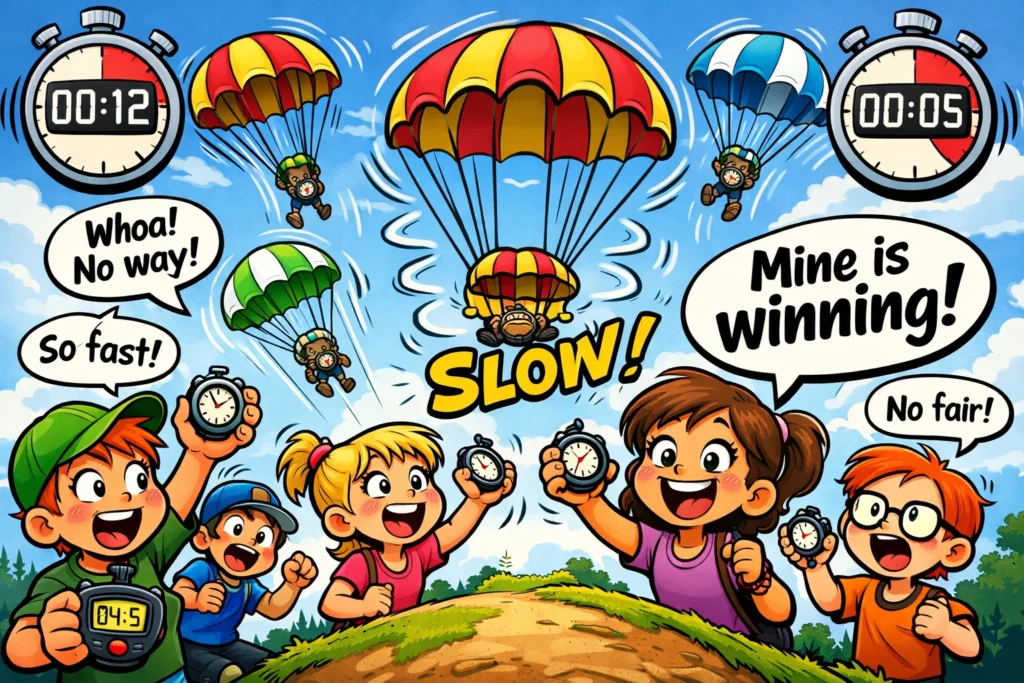 Kids running parachute slowest fall design test with timers.
