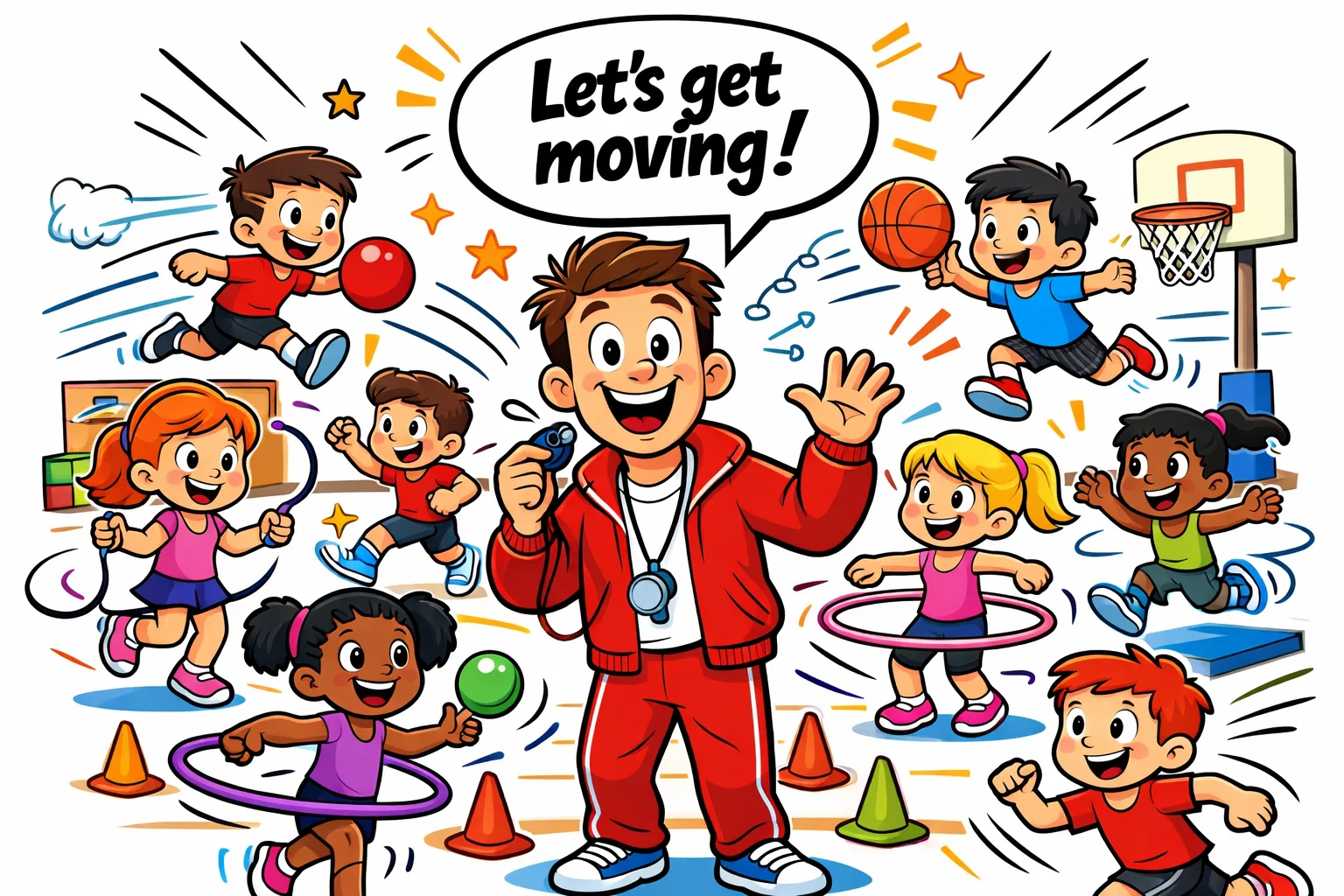 PE activities for kids shown through fun cartoon exercises in a school gym.