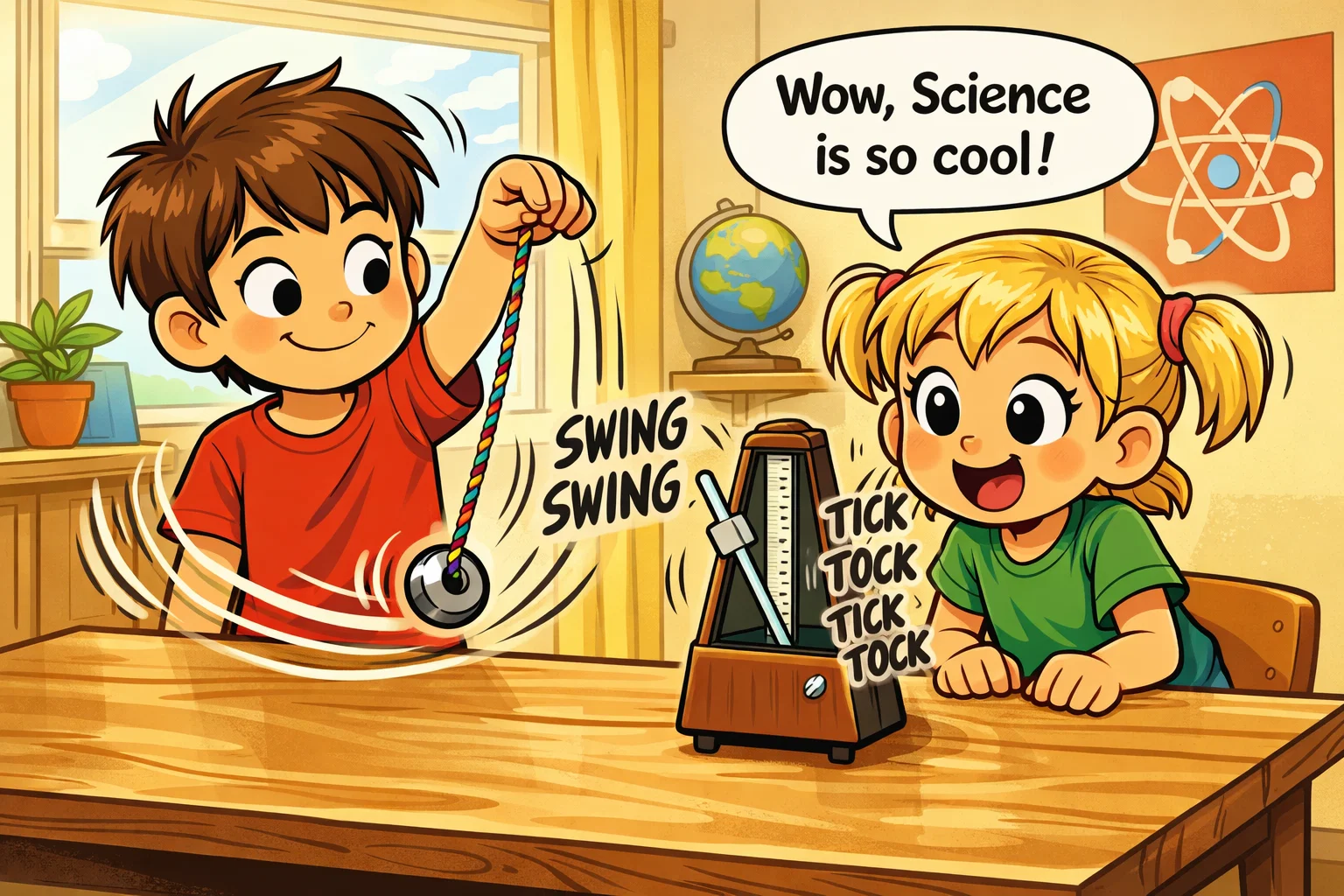 Cartoon of kids comparing a swinging nut to a metronome during pendulum experiments for kids at home.