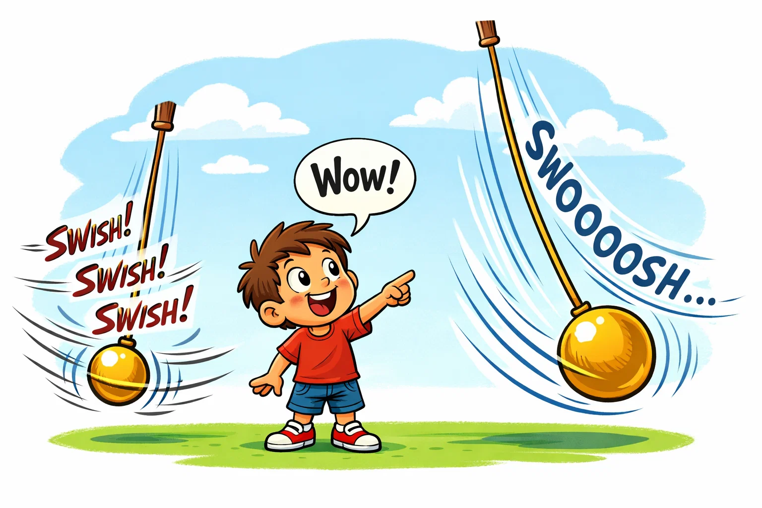 Cartoon comparing long and short strings to show the impact of length on pendulum swing speed.
