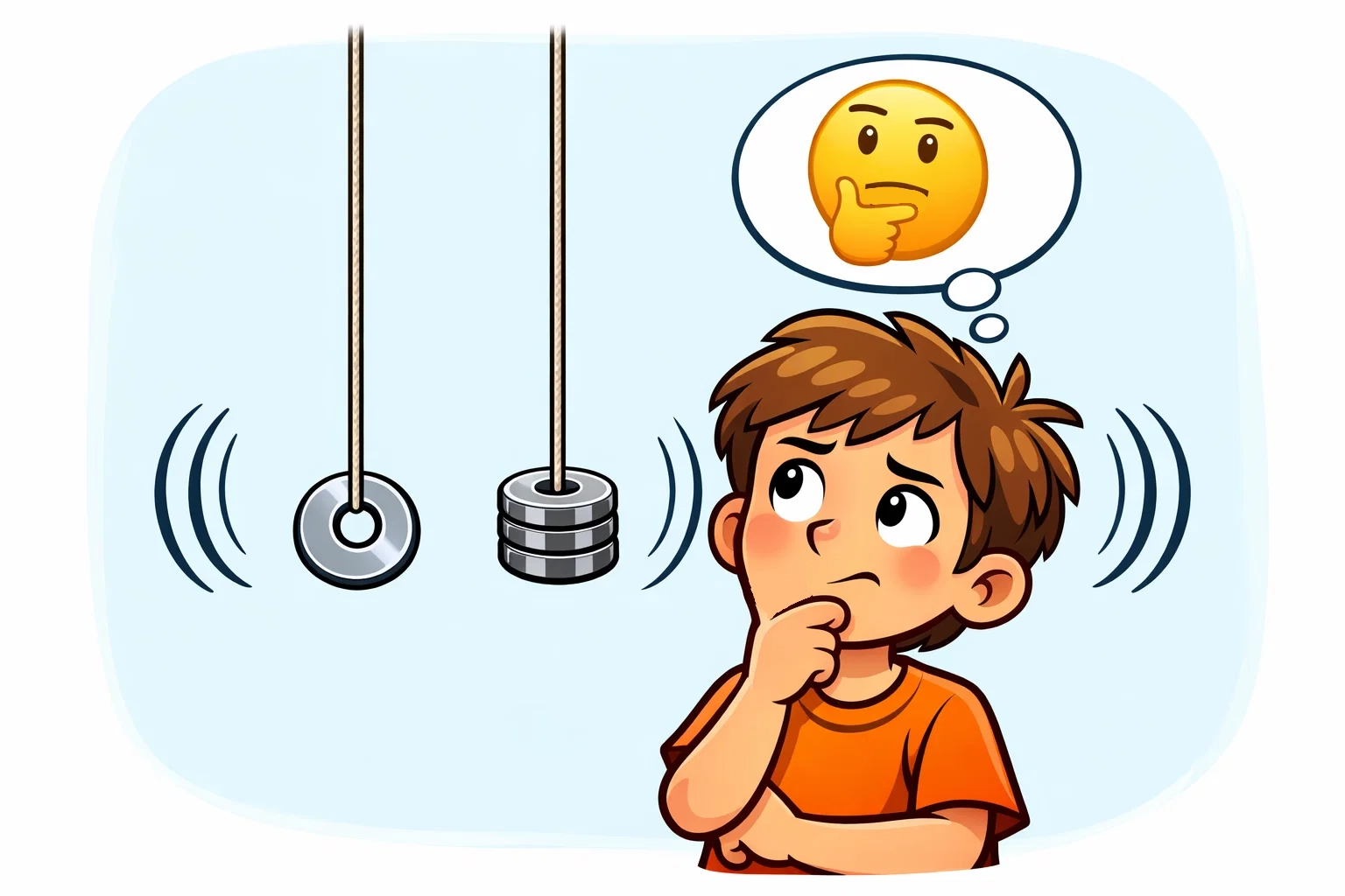 Cartoon of a child testing the impact of weight in pendulum experiments for kids at home.