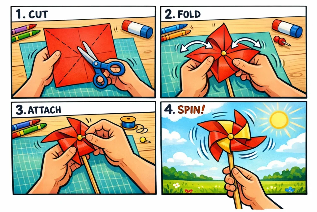 Pinwheel construction steps for kids showing how to build a paper pinwheel.