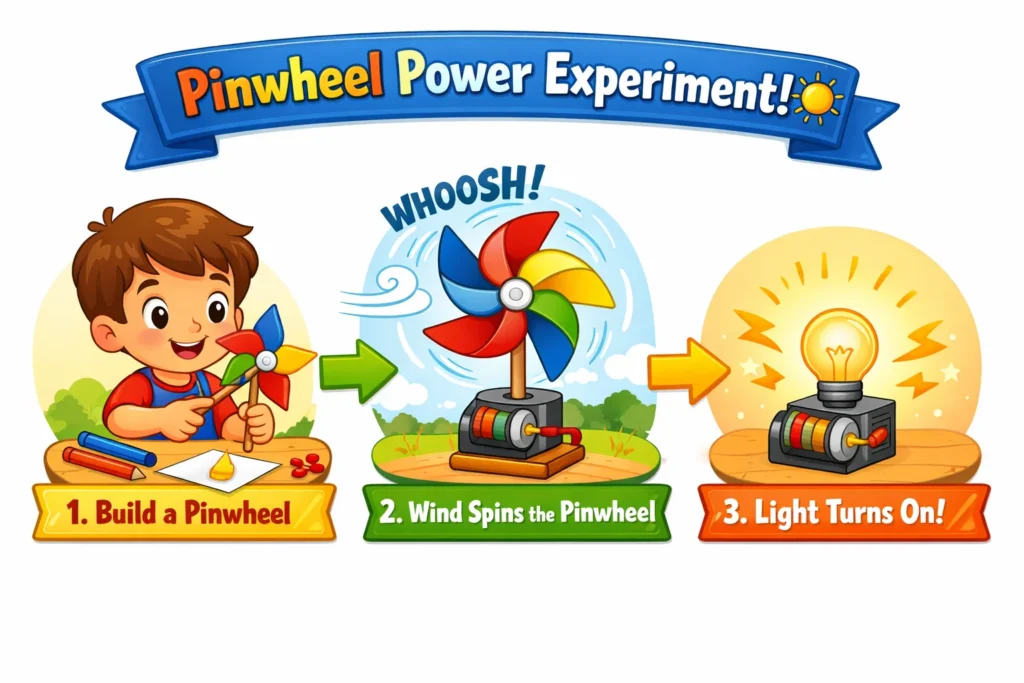 Pinwheel power challenge overview with wind spinning pinwheel and simple energy concept.
