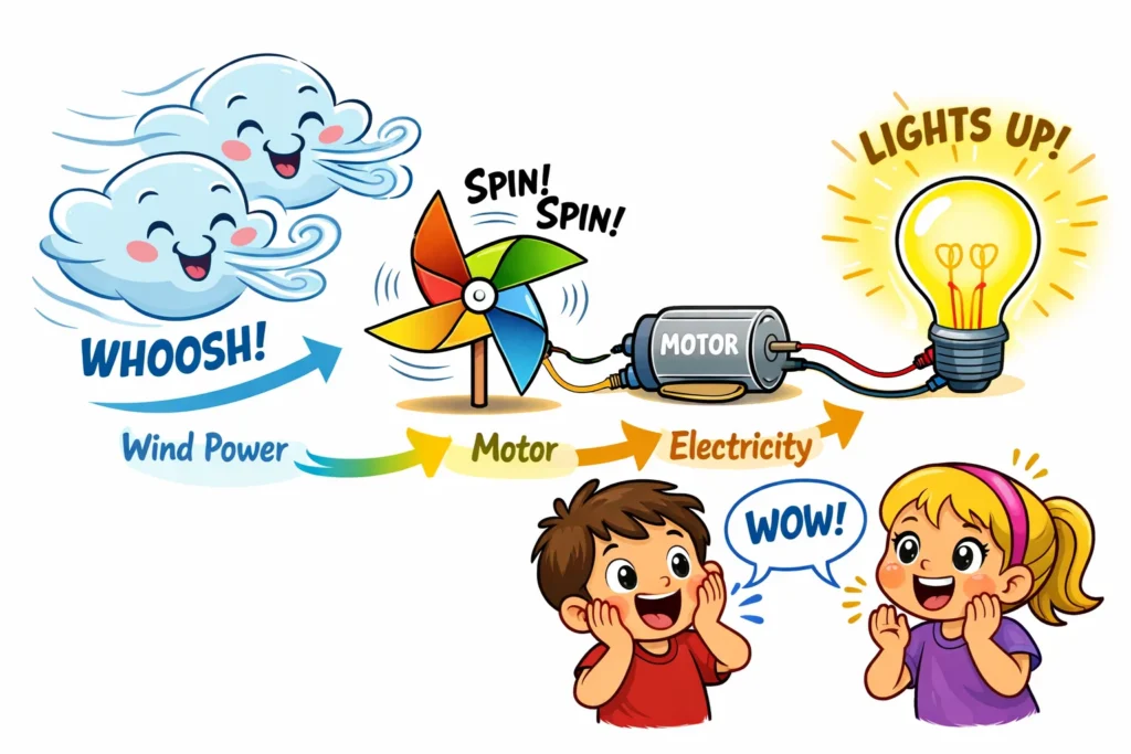 Pinwheel power output explained for kids with wind turning motion into energy.
