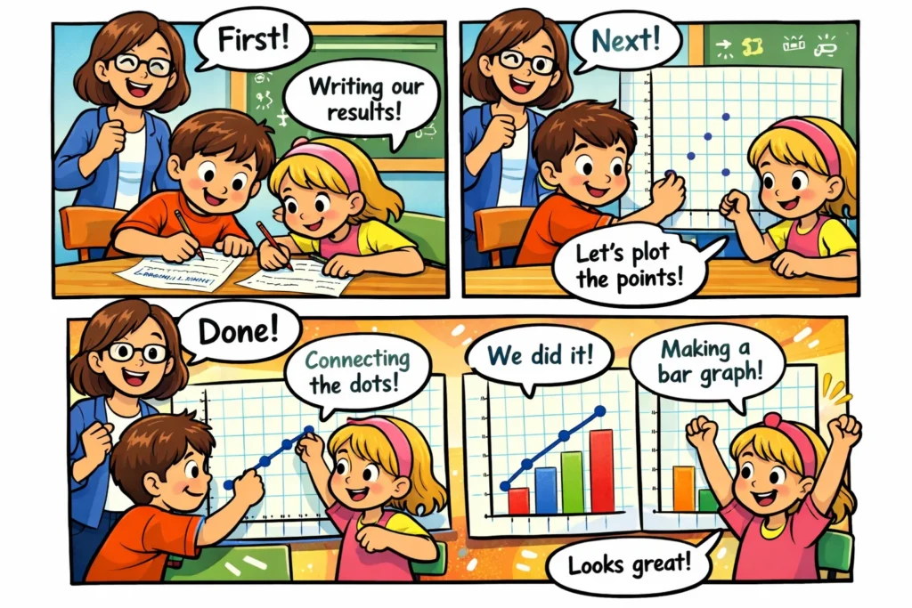 Plotting experiment data step by step on graphs by kids.