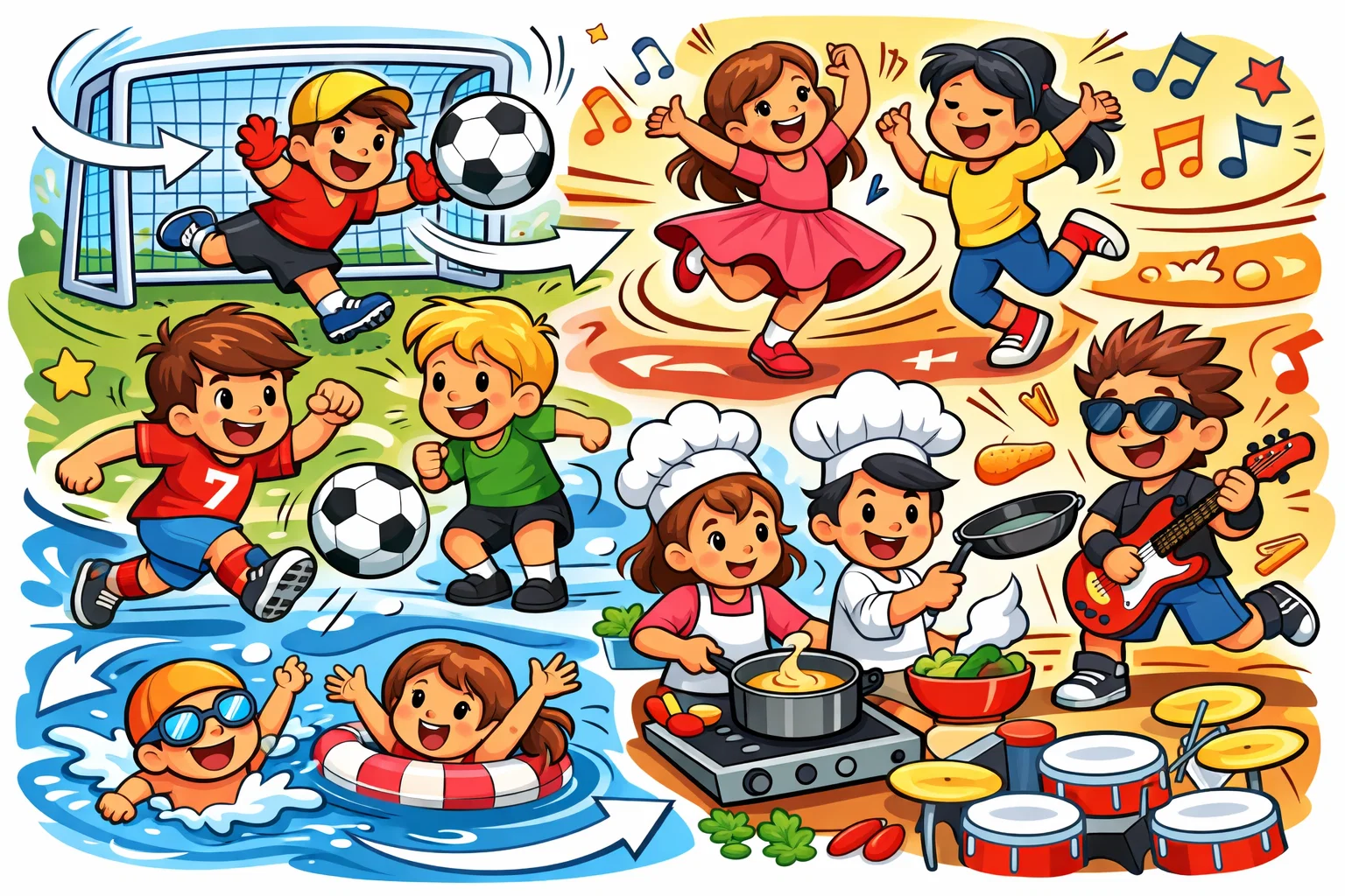 Popular extracurricular activities for kids such as sports, music, and creative classes.