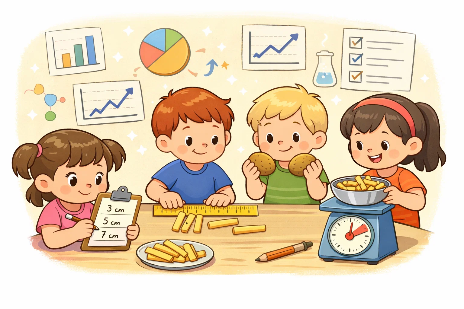 Potato osmosis data observation with measuring potato size and recording results.