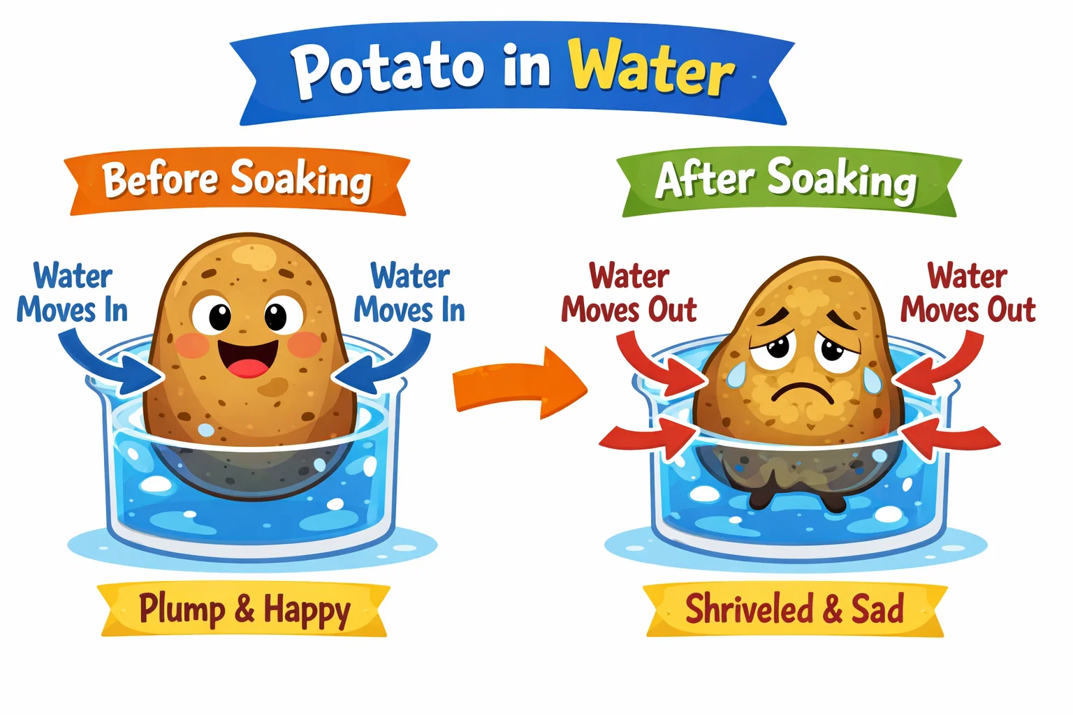 Potato osmosis experiment overview showing swollen and shrunken potato pieces.