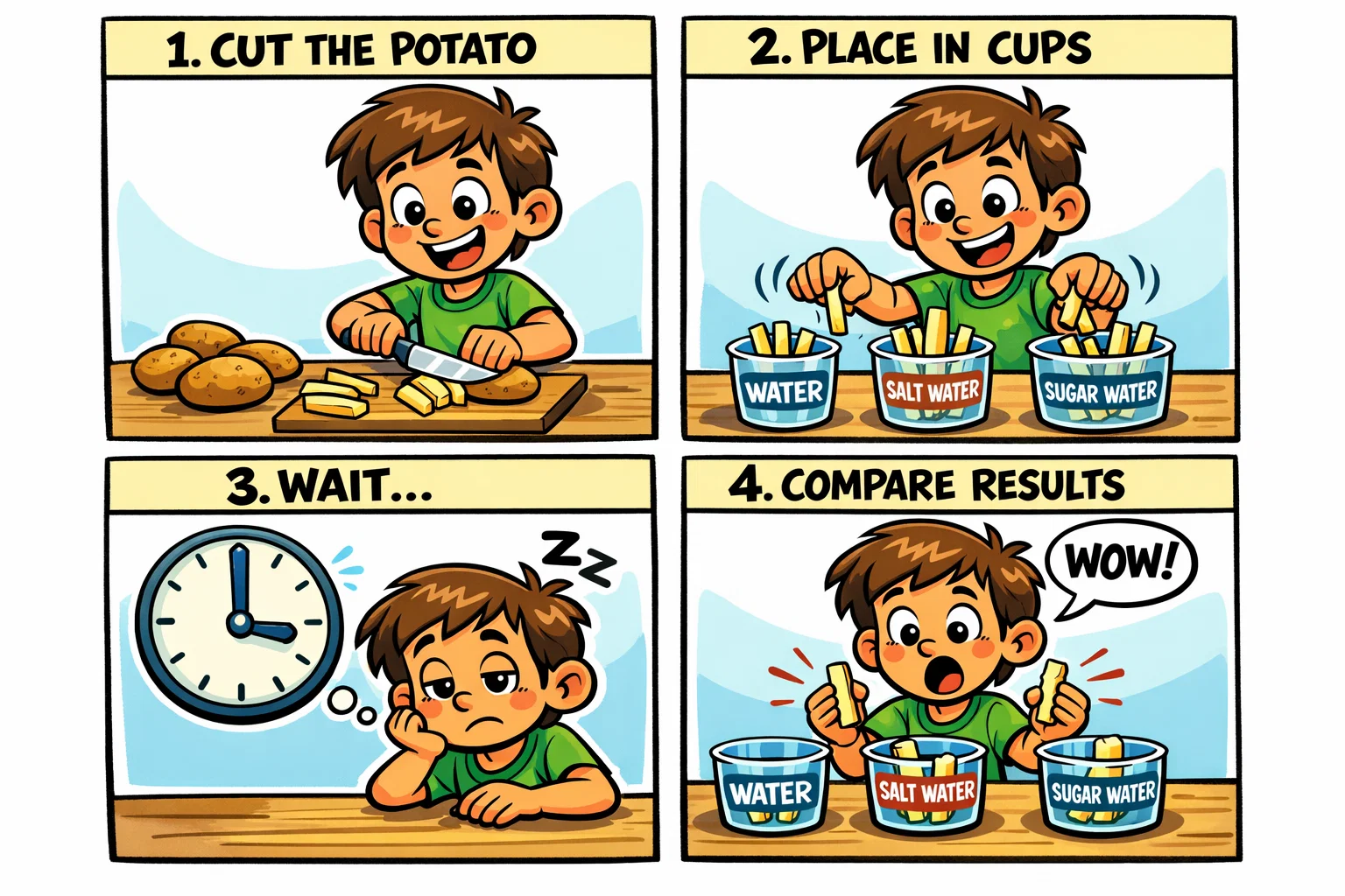 Potato osmosis experiment steps showing cutting soaking and comparing potatoes.