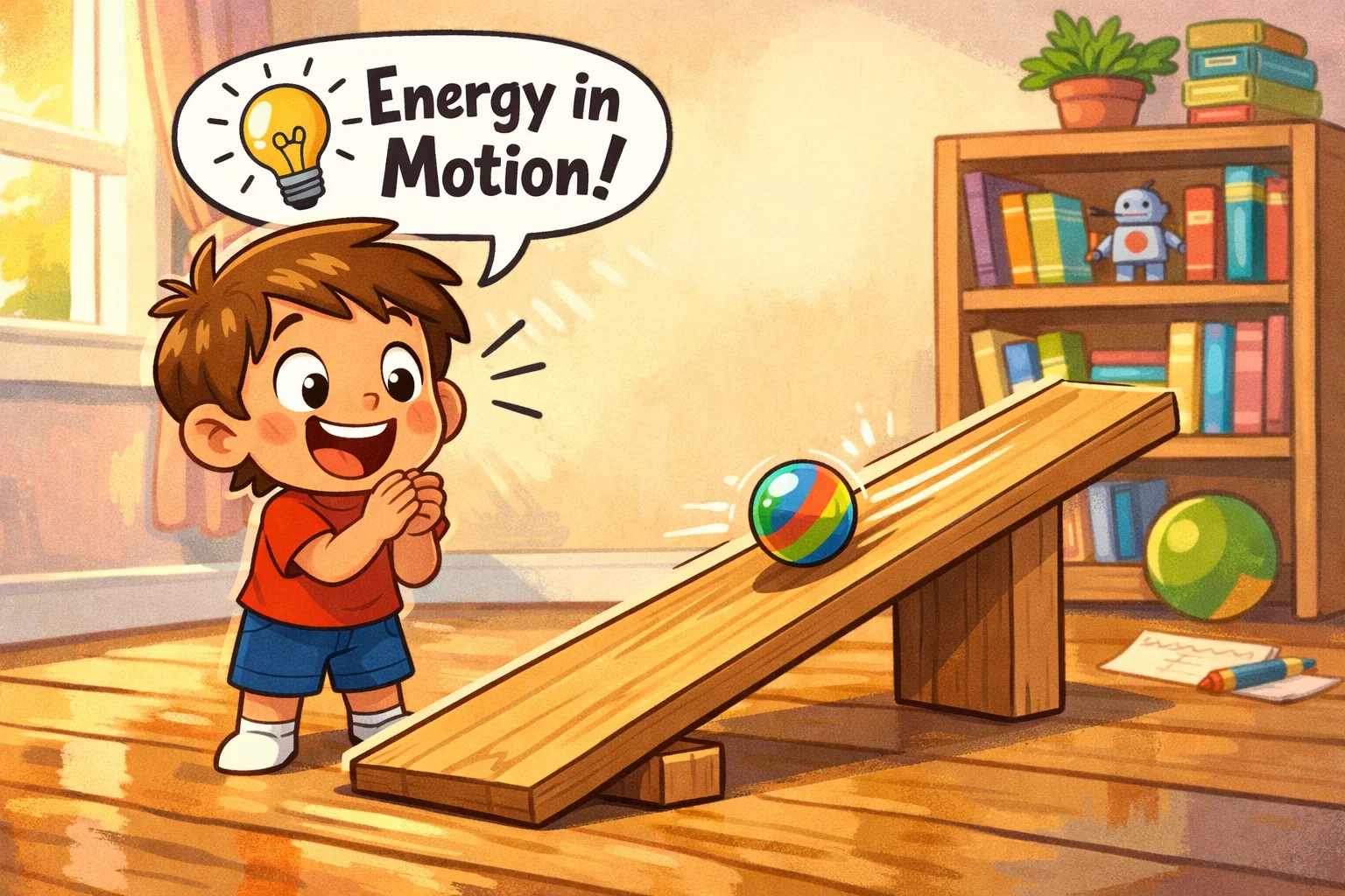Cartoon of a child observing a marble on a ramp in a sunlit room with a speech bubble saying Energy in Motion.