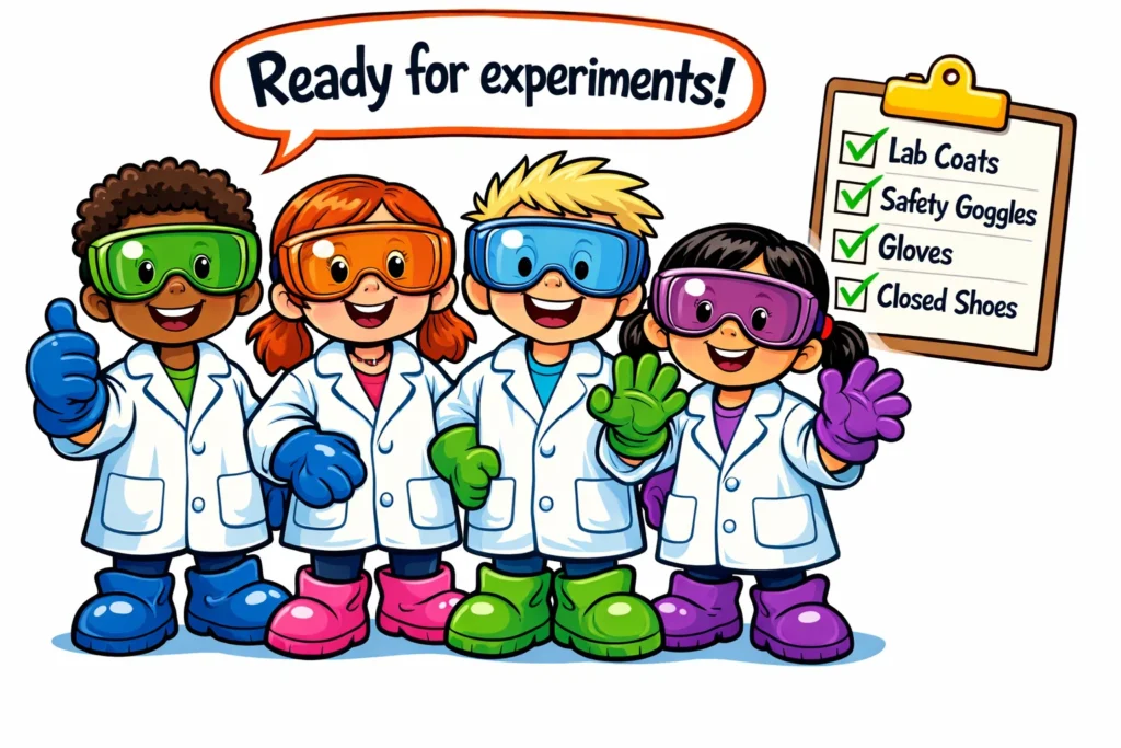 PPE for kids science experiments including goggles gloves and protective clothing.
