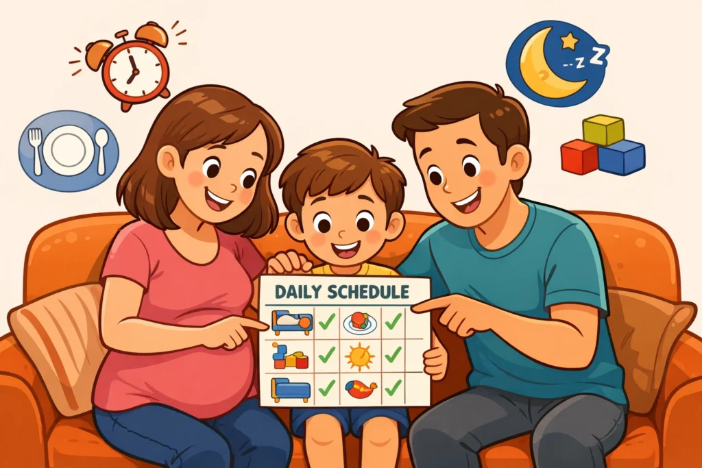 Preparing family before baby arrival by planning routines supports a smoother transition.
