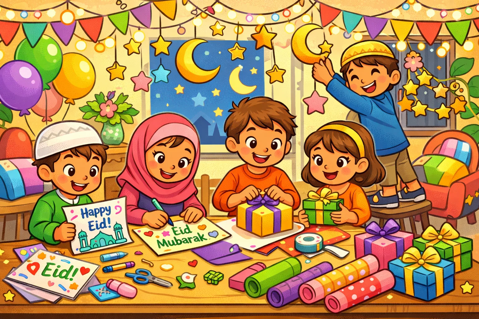 Preparing kids for Eid celebration with crafts and family activities.