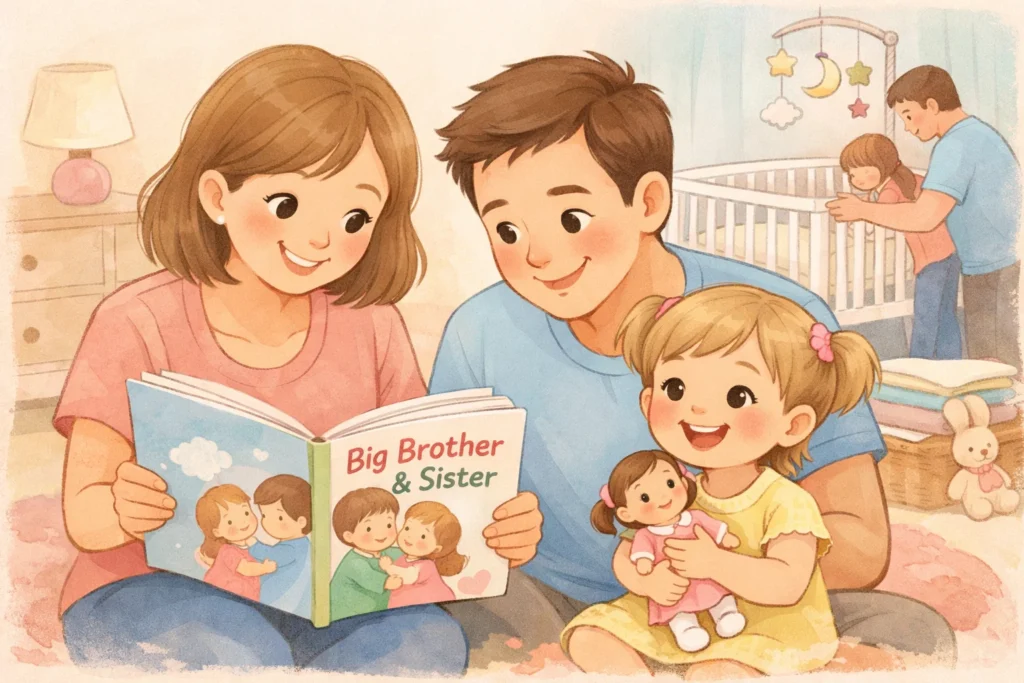 Preparing toddler before baby arrival with calm family activities. 
