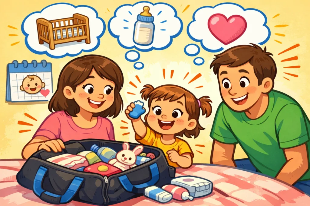 Preparing toddler before baby arrival with parents involving child in baby preparations.