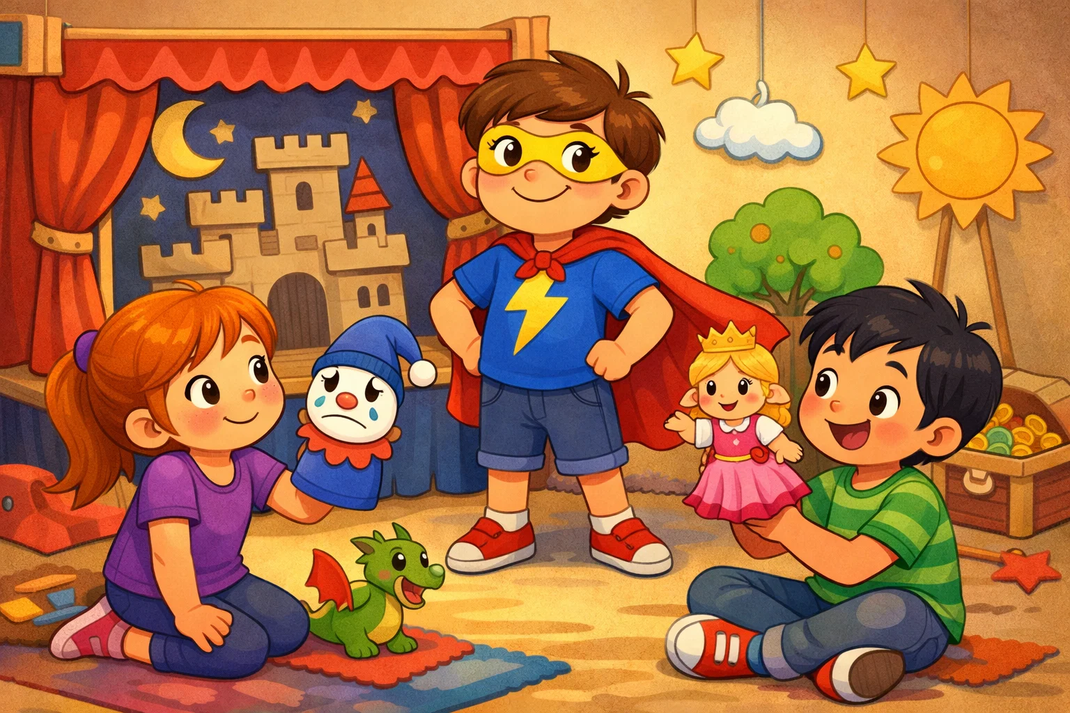 Kids using pretend play feelings activities to express emotions through role-playing.