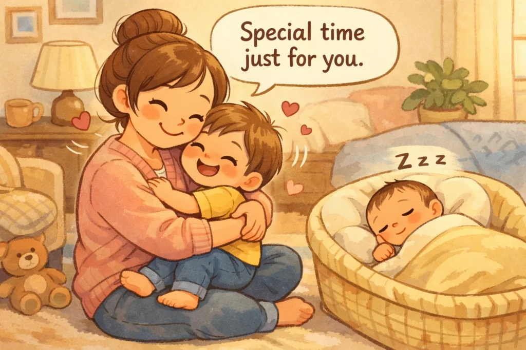 Parent bonding with toddler to prevent aggression toward newborn sibling.
