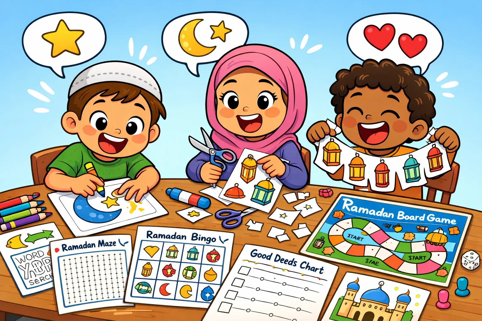 Printable Ramadan activities for kids with worksheets coloring and games.