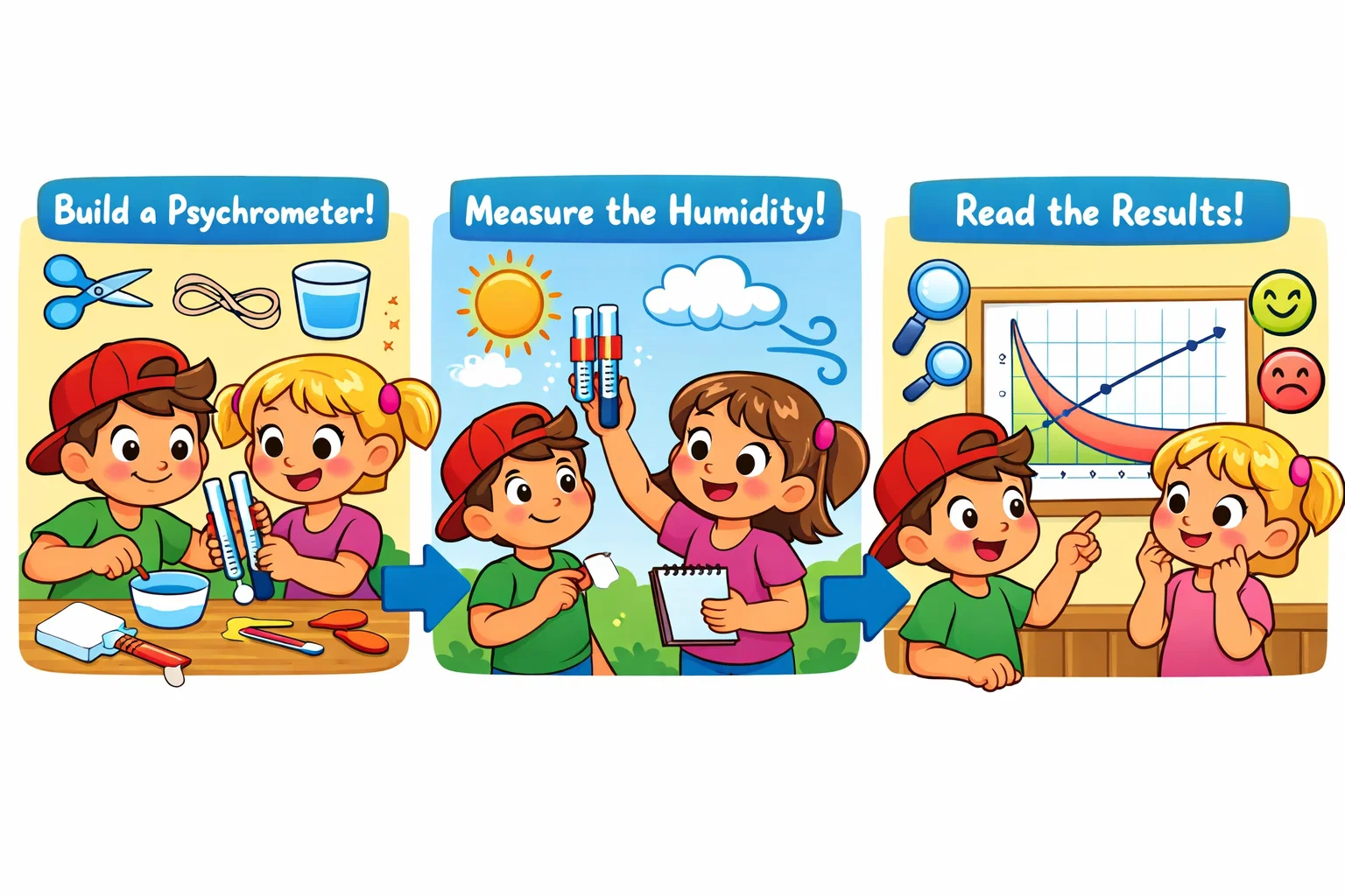 Psychrometer humidity experiment overview showing main steps for kids. Psychrometer humidity experiment overview showing main steps for kids.