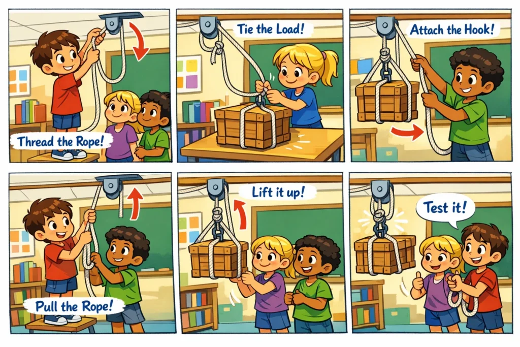 Pulley challenge activity instructions shown through hands-on classroom experiment.