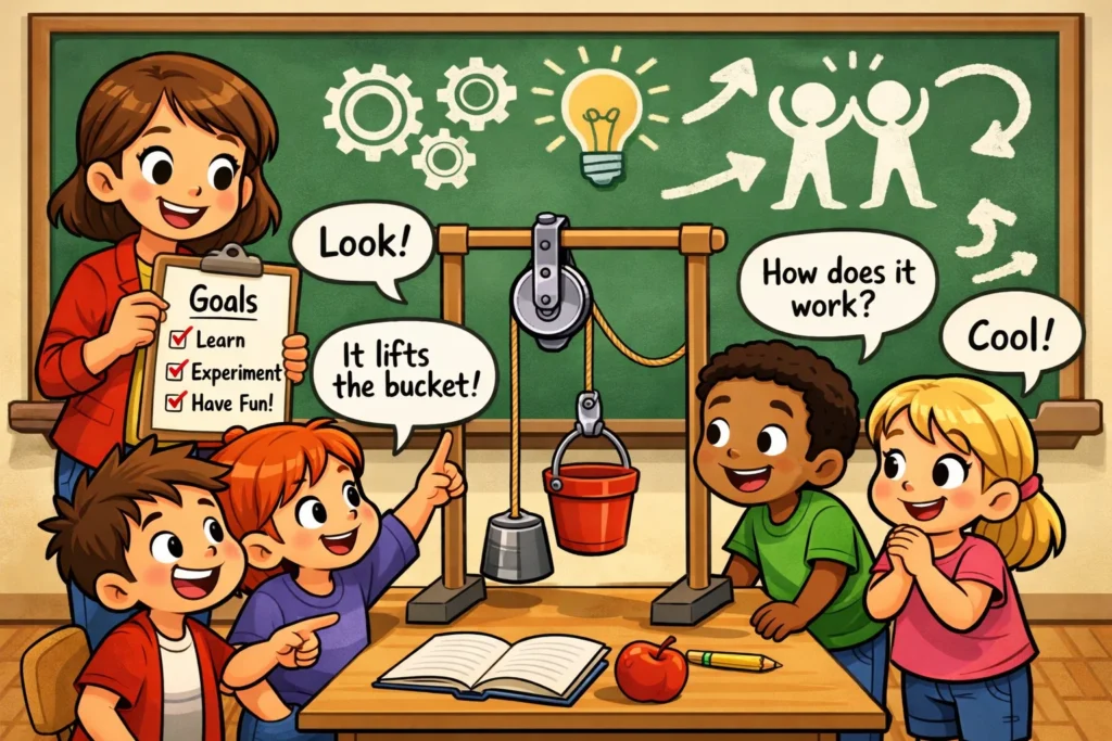 Pulley challenge learning goals explained to kids during STEM activity.