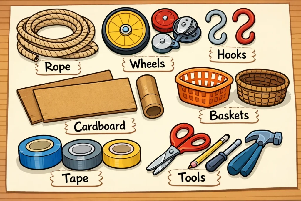 Pulley challenge materials and supplies arranged for kids STEM activity.