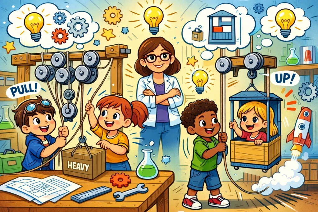 Pulley engineering design extensions with kids building advanced pulley systems.