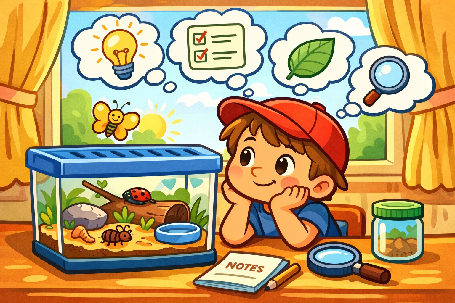 Purpose of insect habitat observation shown through a child exploring insects in a learning activity. Purpose of insect habitat observation shown through a child exploring insects in a learning activity.