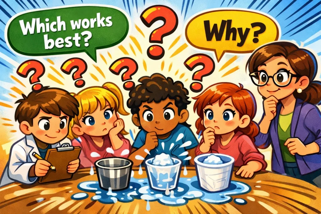 Questions to ask during insulation challenge for kids science activity.
