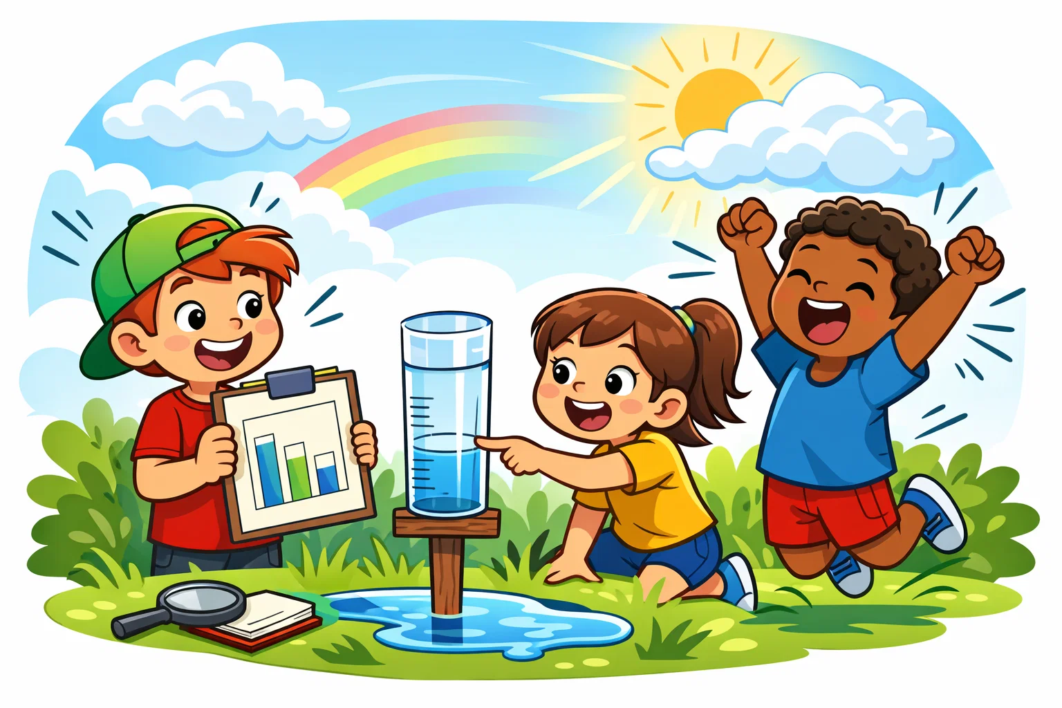 Rain gauge experiment activities for kids recording rainfall data.