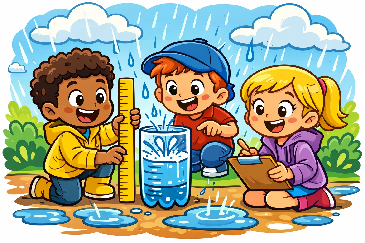 Rain gauge experiment for kids showing rainfall measurement outdoors.