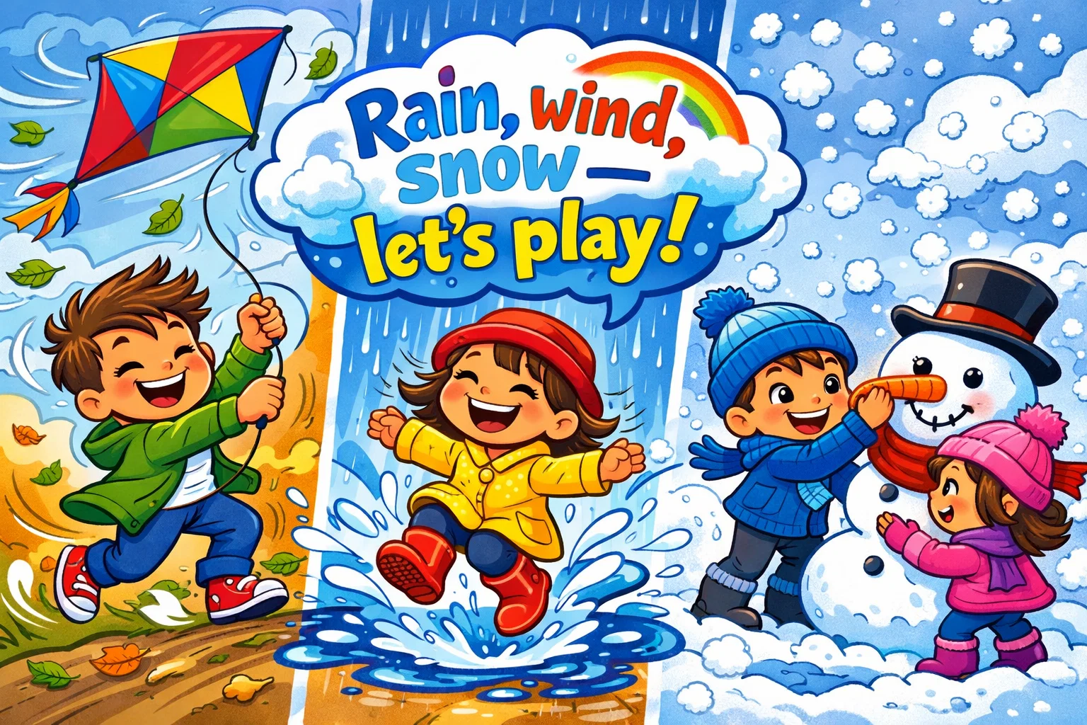 Rain wind snow play kids flying kites jumping puddles and building snowmen.
