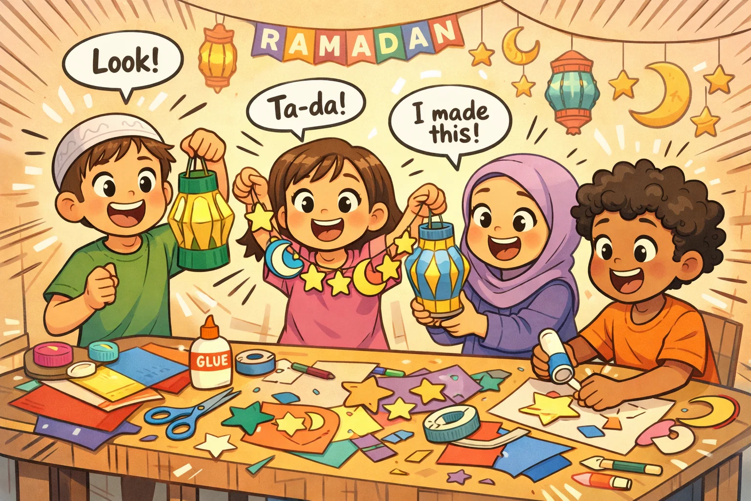 Ramadan crafts and creative projects made by kids at home.