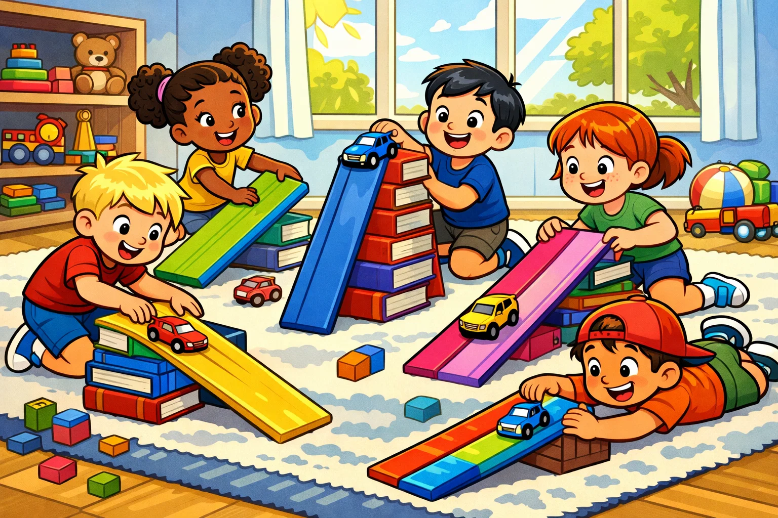 Cheerful cartoon of kids building colorful ramps and inclined planes for science activities. Cheerful cartoon of kids building colorful ramps and inclined planes for science activities.