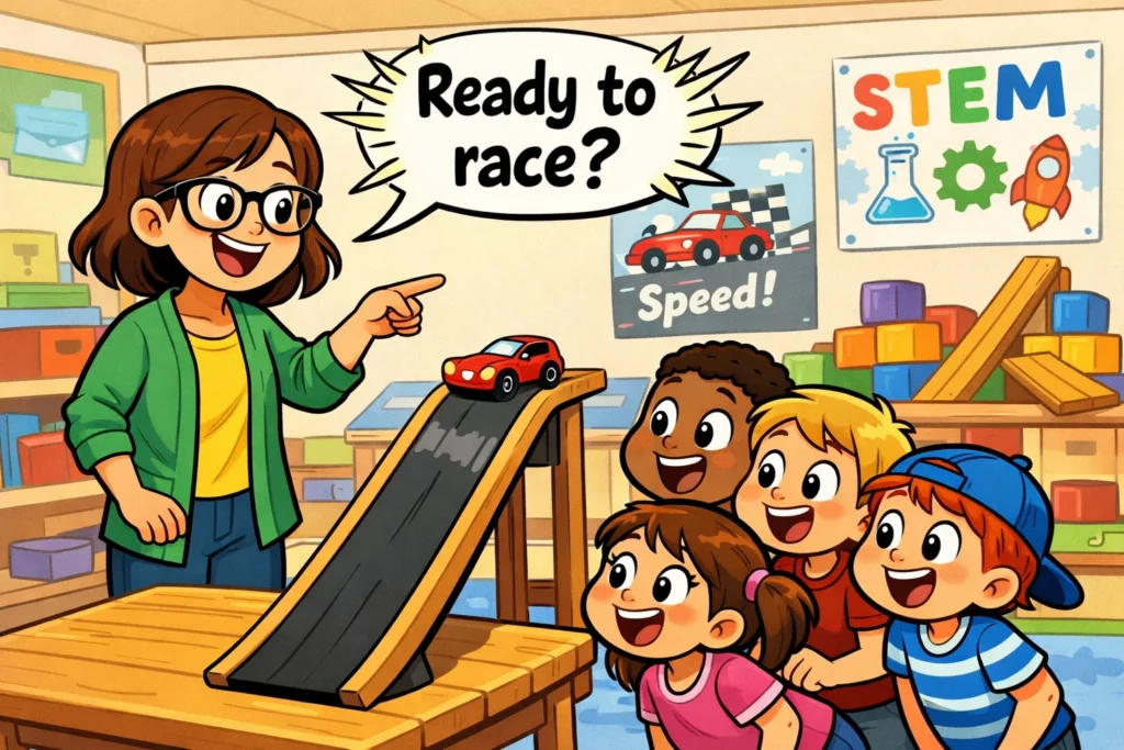 Teacher explaining ramp racer challenge introduction to kids using toy cars and ramps.
