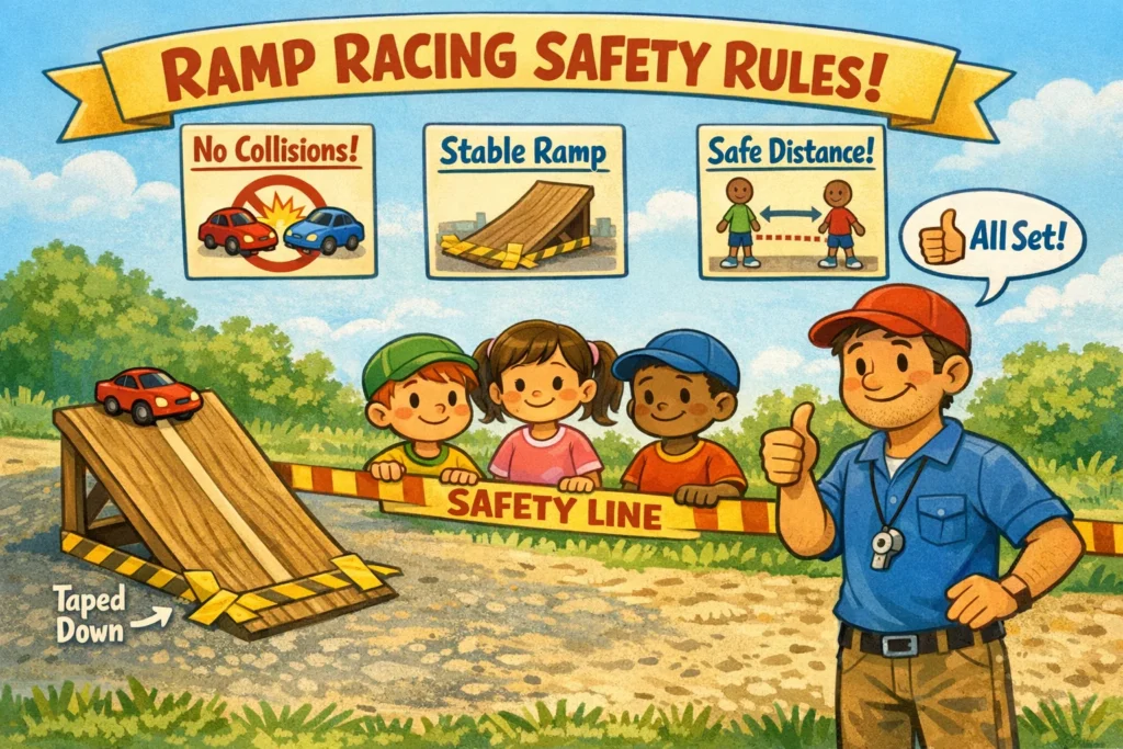 Ramp racer safety guidelines showing safe ramp setup and supervised kids racing.